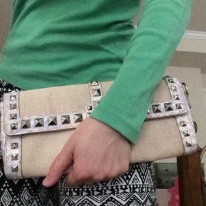 NWOT BCBGirls Silver Studded Beige Clutch Handbag